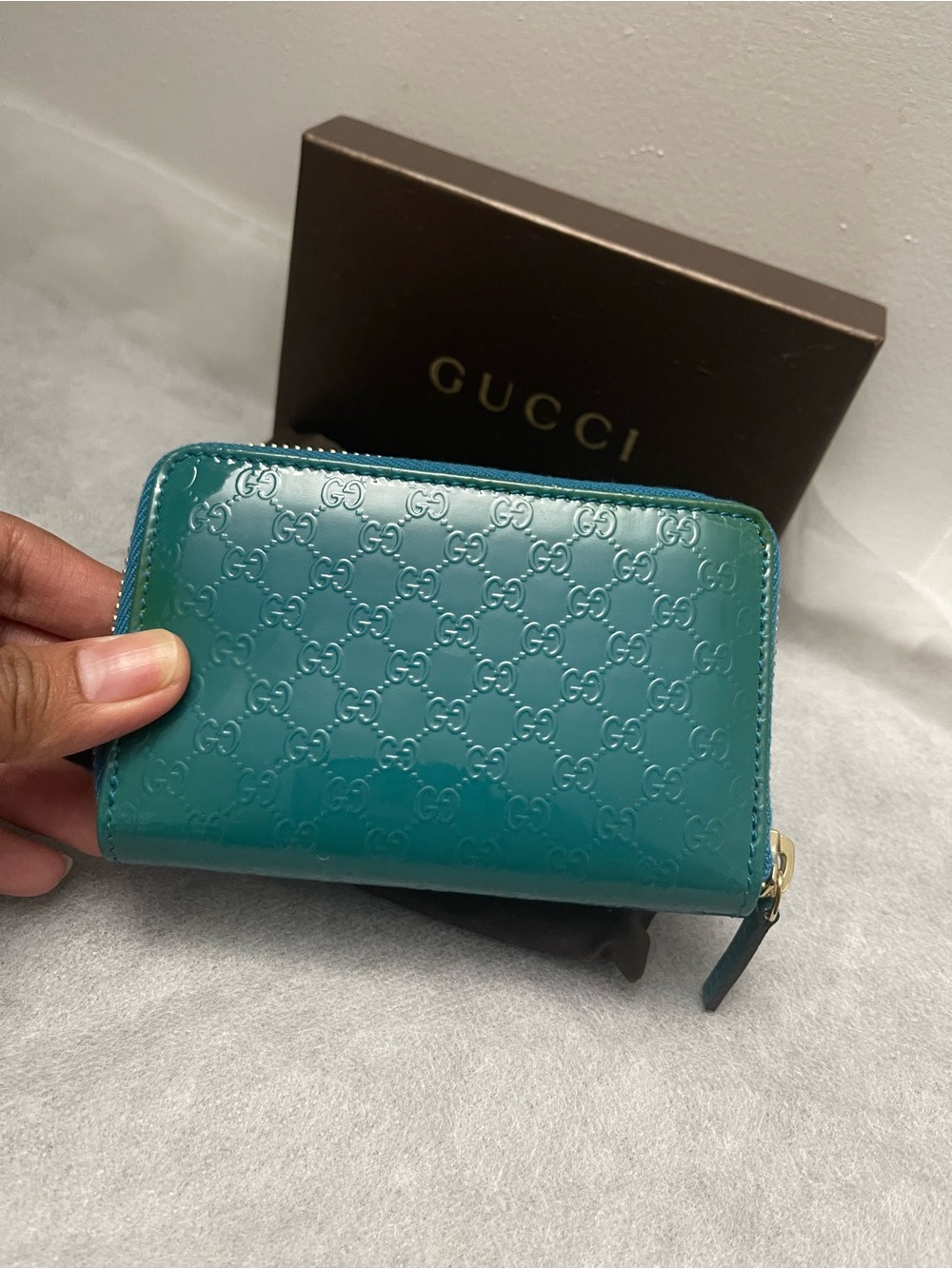 Gucci Teal Patent GG Zip Around Wallet